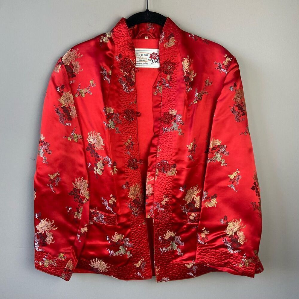 Vintage Peony Brand Red Satin Brocade Jacket, Floral Embroidery, Frog Closures